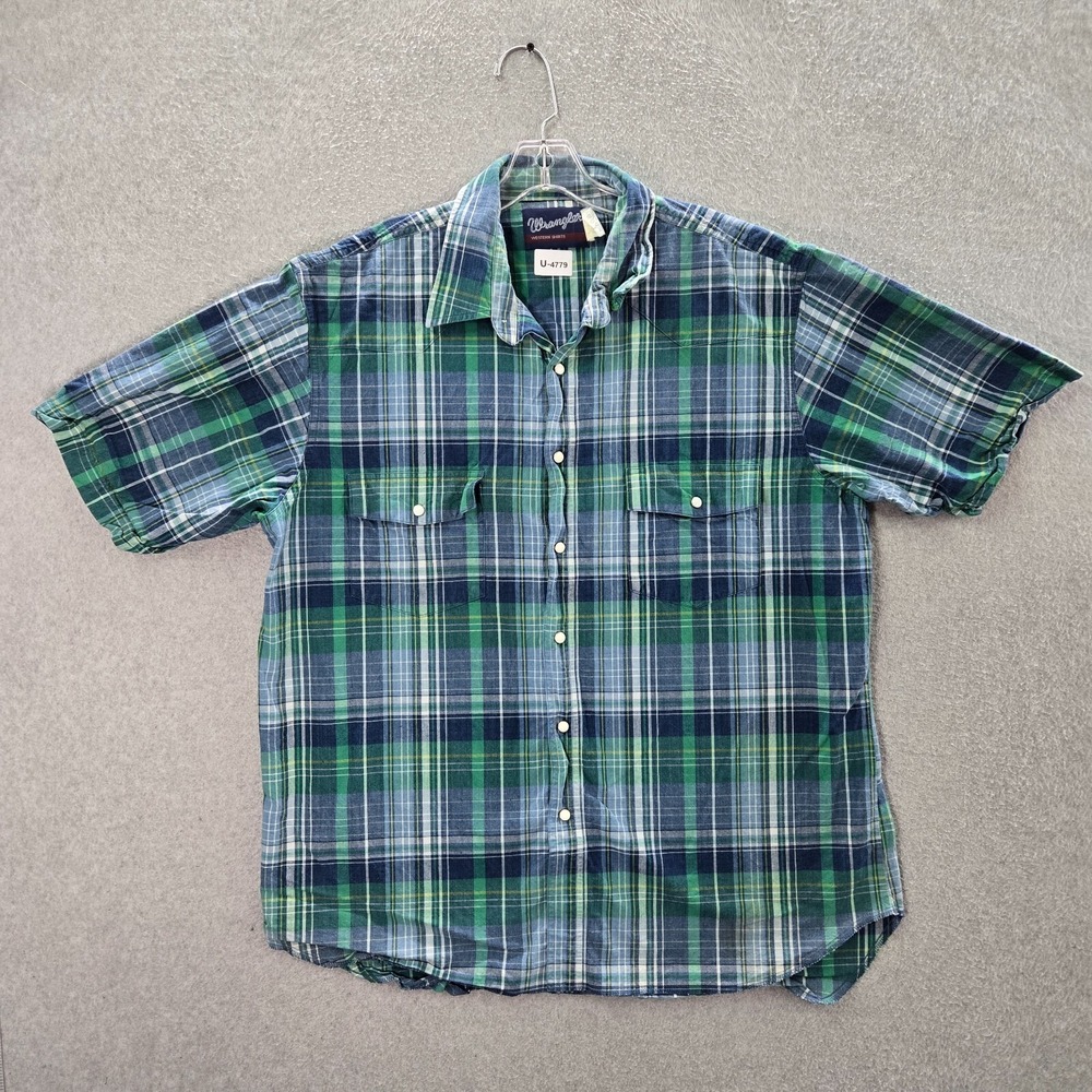 Wrangler Men Button Up Shirt XL Green Plaid Western Pearl Snap Collar